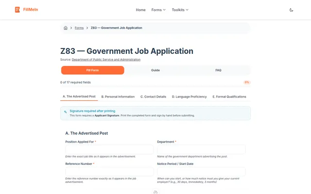 Empty Z83 form with guided fields ready to fill