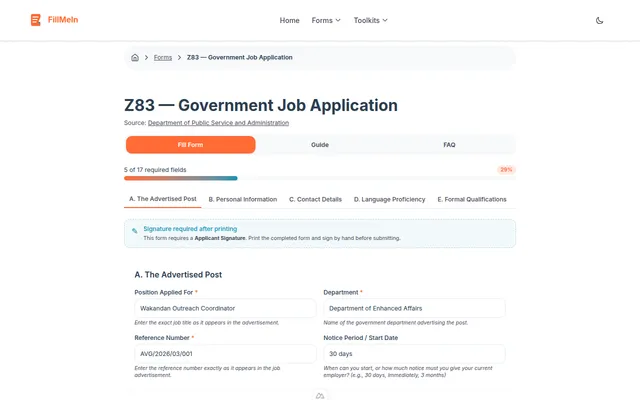 Z83 form filled with example data and progress bar advancing